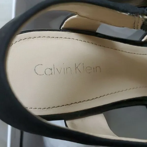 Calvin Klein 9M Ellison espadrille sandals black leather patent &amp; nubuck g…