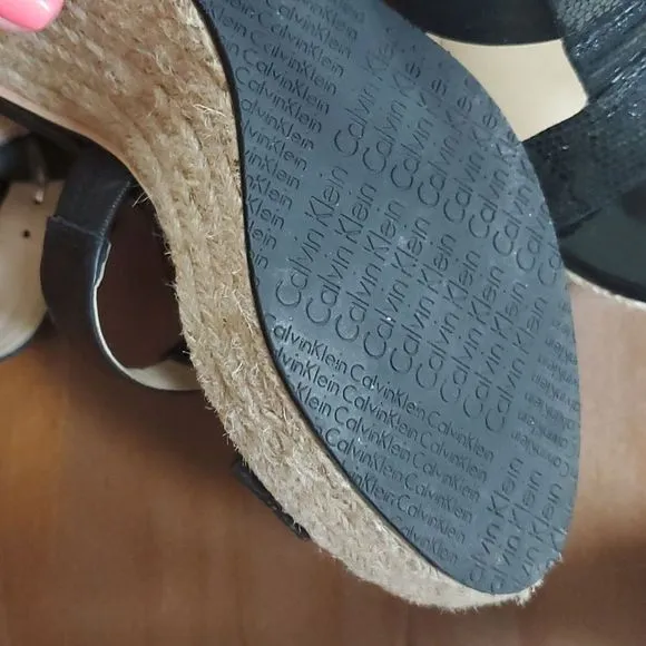 Calvin Klein 9M Ellison espadrille sandals black leather patent &amp; nubuck g…