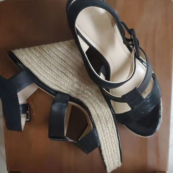 Calvin Klein 9M Ellison espadrille sandals black leather patent &amp; nubuck g…
