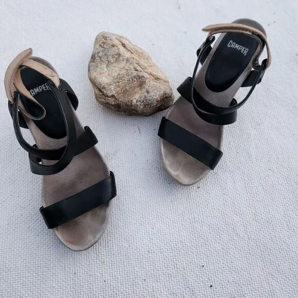 Camper Allegra black and tan block heel shoes