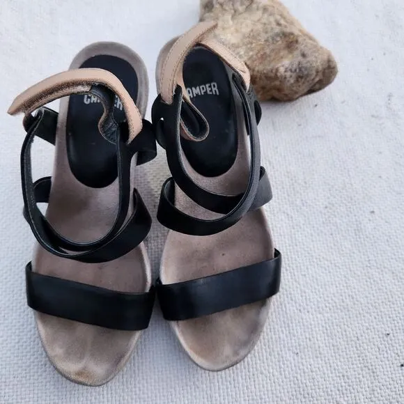 Camper Allegra black and tan block heel shoes