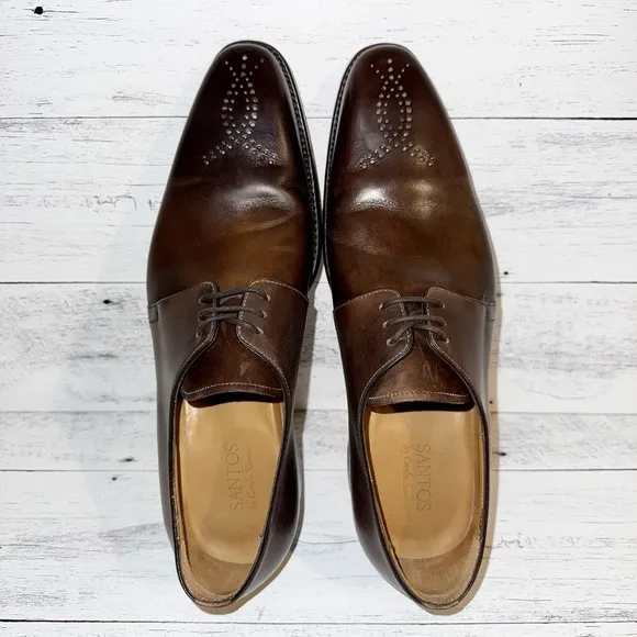 Carlos Santos Dress Shoes Men 10.5 Derby Brown Medallion Almond Toe 100% Leather