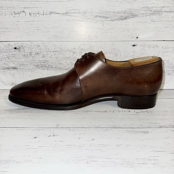 Carlos Santos Dress Shoes Men 10.5 Derby Brown Medallion Almond Toe 100% Leather