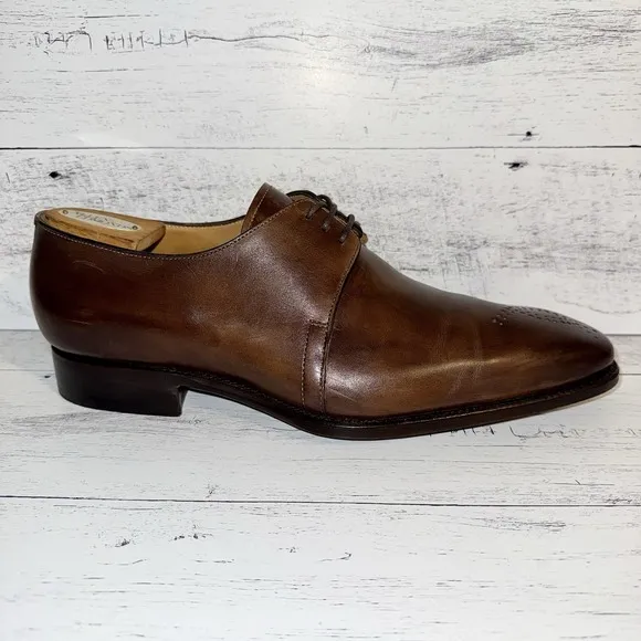 Carlos Santos Dress Shoes Men 10.5 Derby Brown Medallion Almond Toe 100% Leather