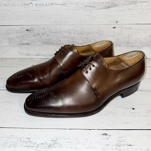 Carlos Santos Dress Shoes Men 10.5 Derby Brown Medallion Almond Toe 100% Leather