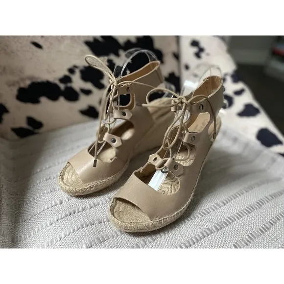 Carmen Saiz Anthropologie Womens 7 38 Tan Leather Espadrille Wedge Sandals ~38