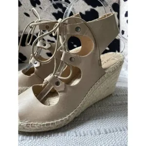 Carmen Saiz Anthropologie Womens 7 38 Tan Leather Espadrille Wedge Sandals ~38