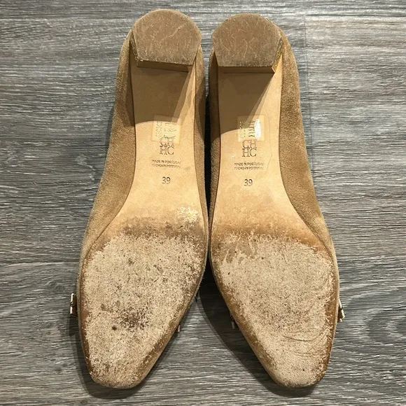 Carolina Herrera Suede Bow Detail Pumps Gold Block Kitten Heels Size 39 US 8.5