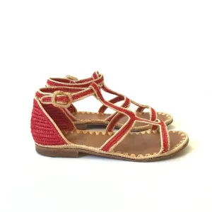 Carrie Forbes Tama Sandals Flats Womens 37 7  Red Tan Woven Raffia Shoes Buckle