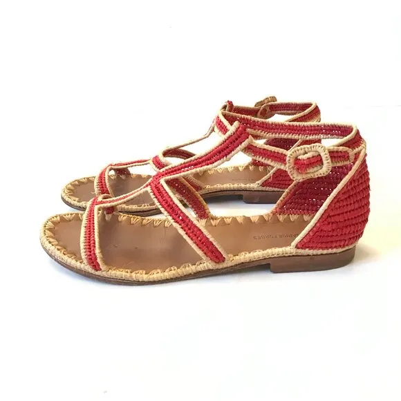Carrie Forbes Tama Sandals Flats Womens 37 7  Red Tan Woven Raffia Shoes Buckle