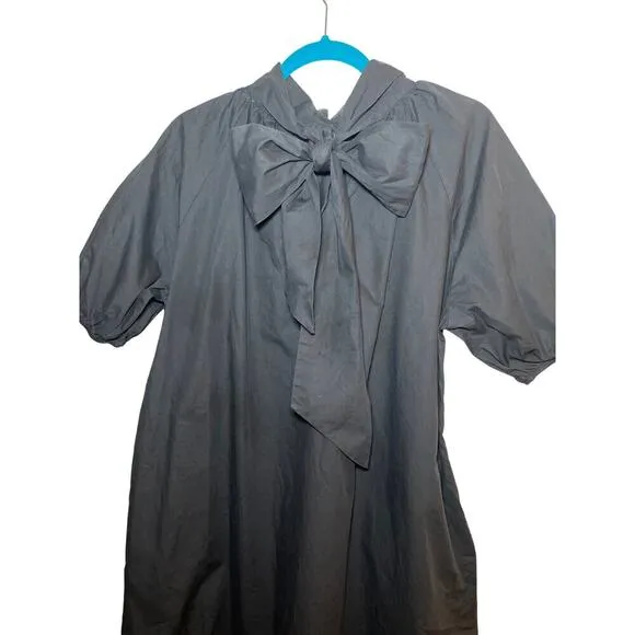 Caryn Lawn Ryan Bow Dress Black Cotton One Size Puff Sleeve Swing Mini Flowy