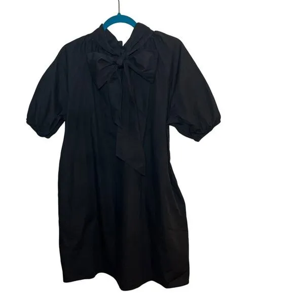 Caryn Lawn Ryan Bow Dress Black Cotton One Size Puff Sleeve Swing Mini Flowy