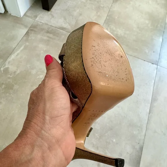 Casadei Gold Knottrd Lame Strappy Platform Stilettos Sz 6.5