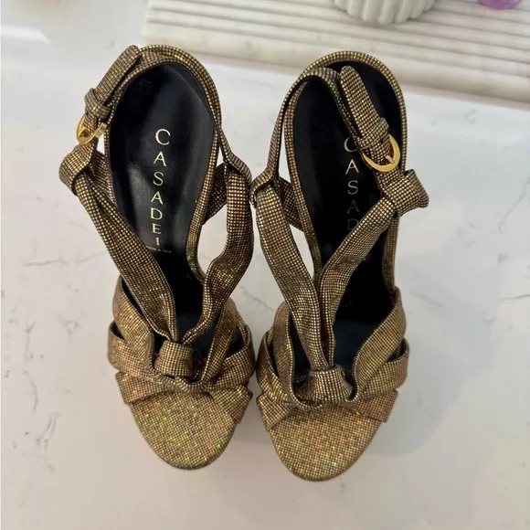 Casadei Gold Knottrd Lame Strappy Platform Stilettos Sz 6.5