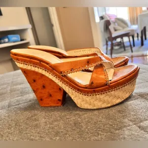 CASADEI Italian 8.5 Leather Cross Strap Wedge Espadrille Slide Sandals Orig $900