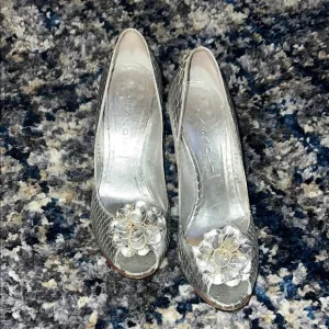 Casadei Silver High-Heeled Pumps with Crystal Embellishment