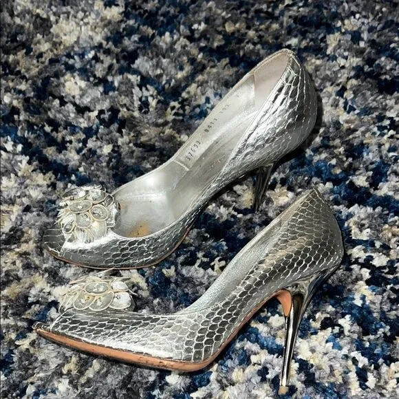 Casadei Silver High-Heeled Pumps with Crystal Embellishment