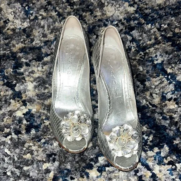 Casadei Silver High-Heeled Pumps with Crystal Embellishment