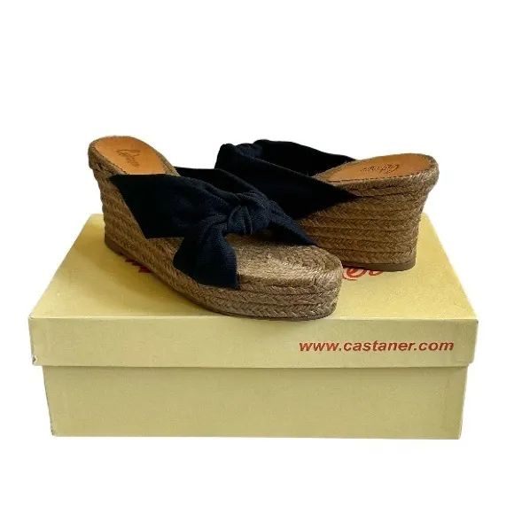 Castaner Black Canvas Knot Espadrille Wedge Sandals Size 6.5