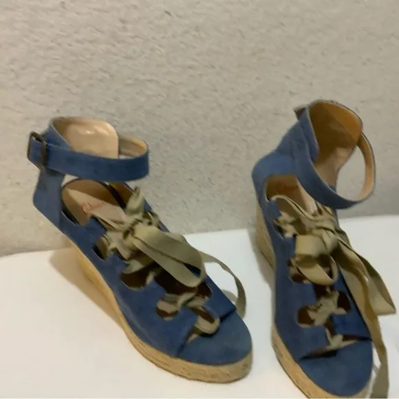 Castaner Leather lace up Denim look platform Wedge Espadrille Sandals 39
