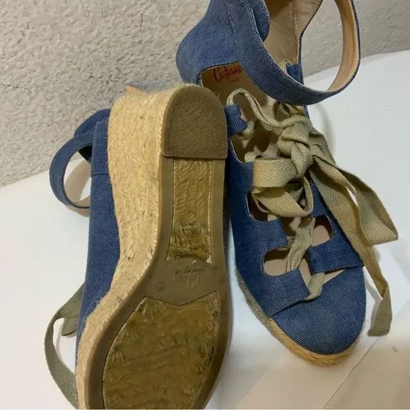 Castaner Leather lace up Denim look platform Wedge Espadrille Sandals 39