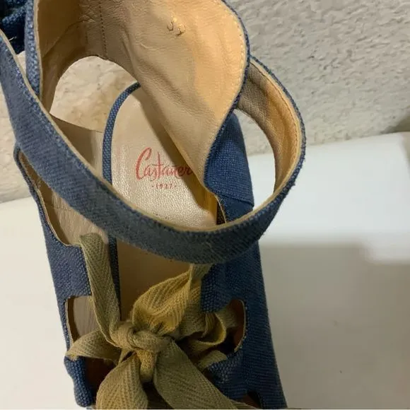 Castaner Leather lace up Denim look platform Wedge Espadrille Sandals 39