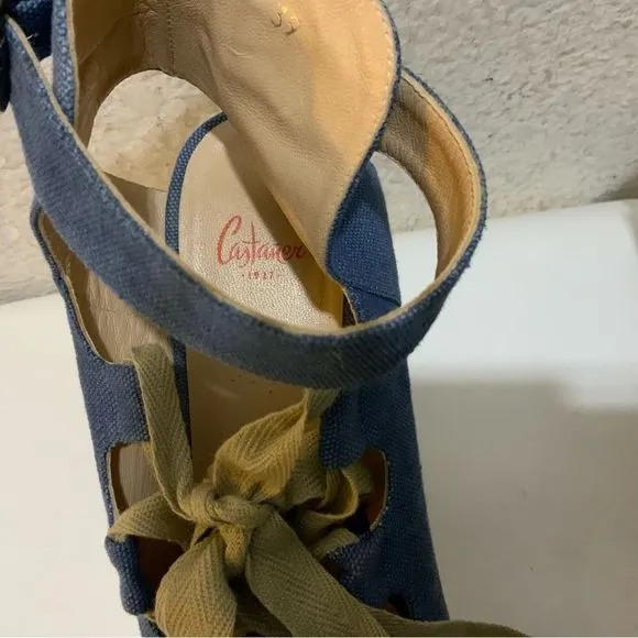 Castaner Leather lace up Denim look platform Wedge Espadrille Sandals 39