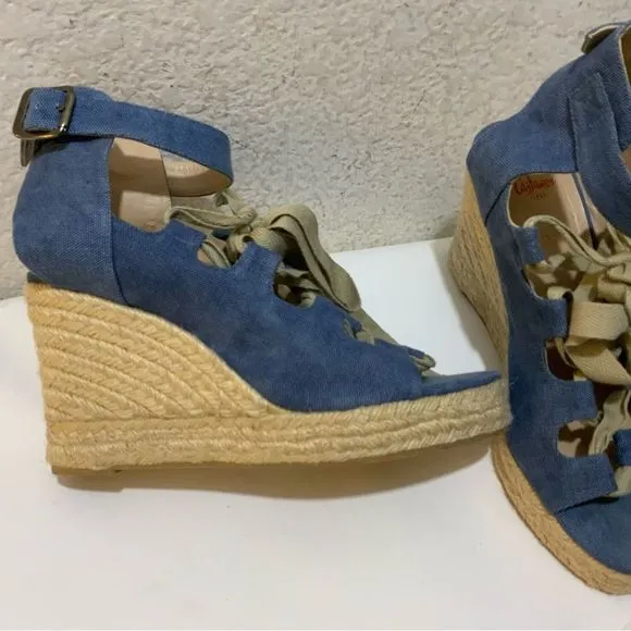 Castaner Leather lace up Denim look platform Wedge Espadrille Sandals 39