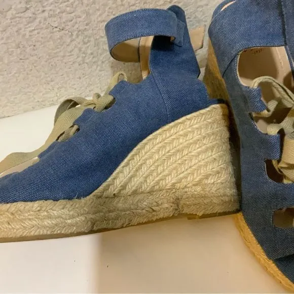 Castaner Leather lace up Denim look platform Wedge Espadrille Sandals 39