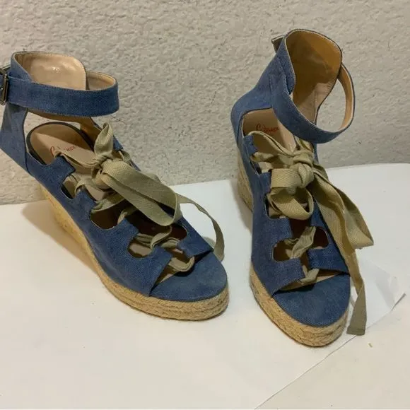 Castaner Leather lace up Denim look platform Wedge Espadrille Sandals 39