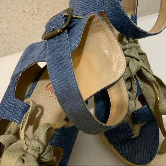 Castaner Leather lace up Denim look platform Wedge Espadrille Sandals 39