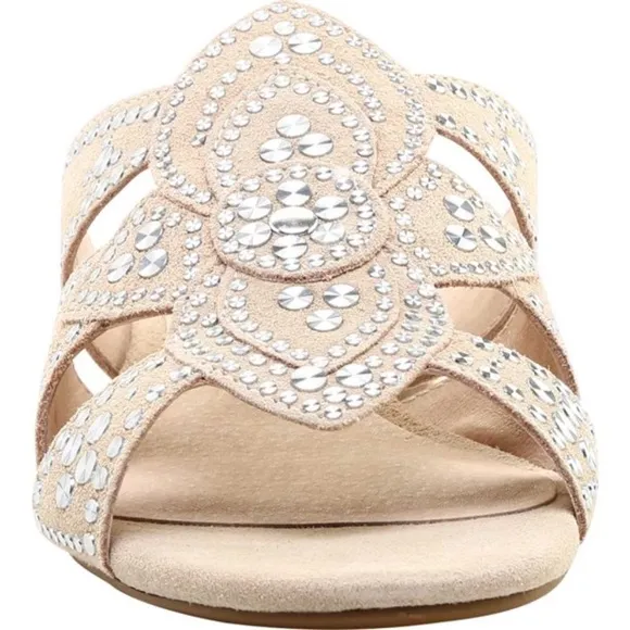 Cecelia New York Martini Micro Stud Sandal Bone Beige Suede Mule Block Heel 10