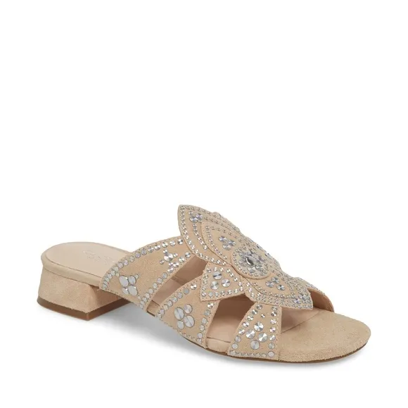 Cecelia New York Martini Micro Stud Sandal Bone Beige Suede Mule Block Heel 10