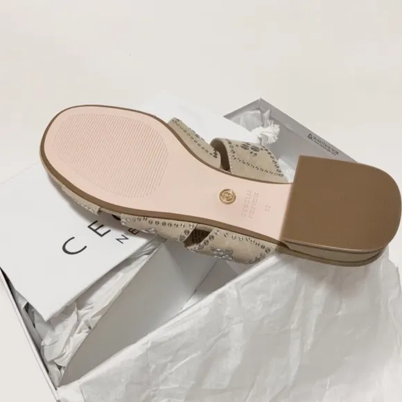 Cecelia New York Martini Micro Stud Sandal Bone Beige Suede Mule Block Heel 10