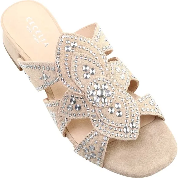 Cecelia New York Martini Micro Stud Sandal Bone Beige Suede Mule Block Heel 10