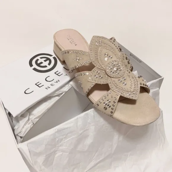 Cecelia New York Martini Micro Stud Sandal Bone Beige Suede Mule Block Heel 10