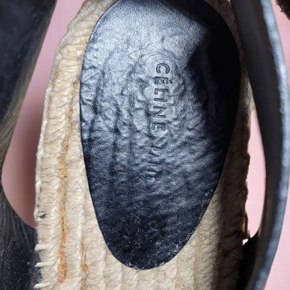 Celine Paris Crosta Fossil Black Leather Espadrille Wedge Sandals