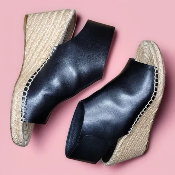 Celine Paris Crosta Fossil Black Leather Espadrille Wedge Sandals