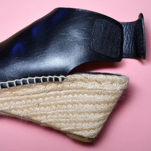 Celine Paris Crosta Fossil Black Leather Espadrille Wedge Sandals