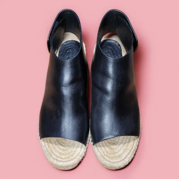Celine Paris Crosta Fossil Black Leather Espadrille Wedge Sandals
