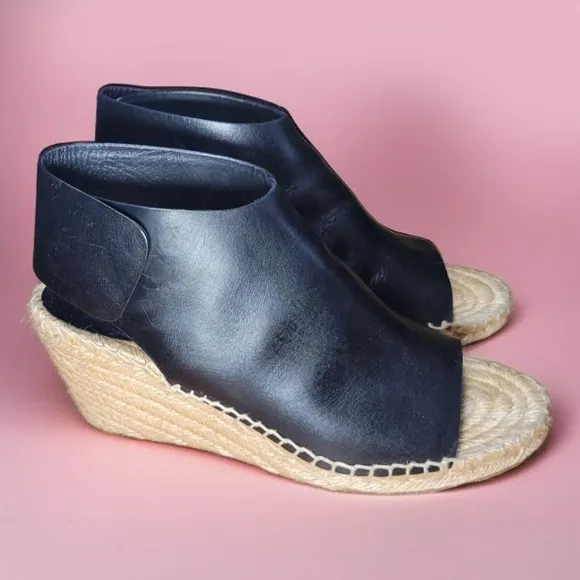 Celine Paris Crosta Fossil Black Leather Espadrille Wedge Sandals