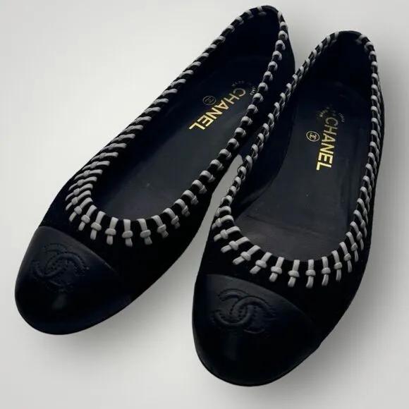 Chanel Suede Leather Whipstitch Ballet Flats 38