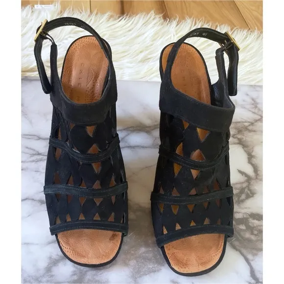 Chie Mihara Booties Black Suede Leather Cut Out Peep Toe Anke Boots Heels US 10​