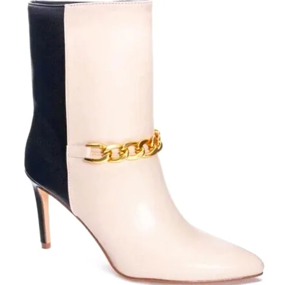 Chinese Laundry Elisha Boots Women's 8.5 Ivory Black Stiletto Heel Booties NEW