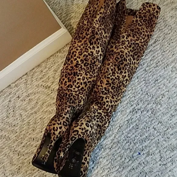 Chinese Laundry Zip Front Cheetah OTK Heeled Boots