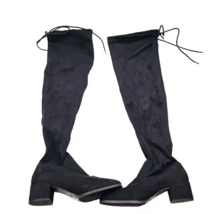 CHINESE LAUNDRY Womens 7.5 Over Knee Suede Black Heeled Boots Shoes Tie Thigh