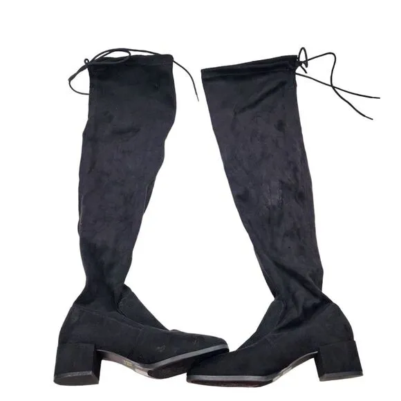 CHINESE LAUNDRY Womens 7.5 Over Knee Suede Black Heeled Boots Shoes Tie Thigh