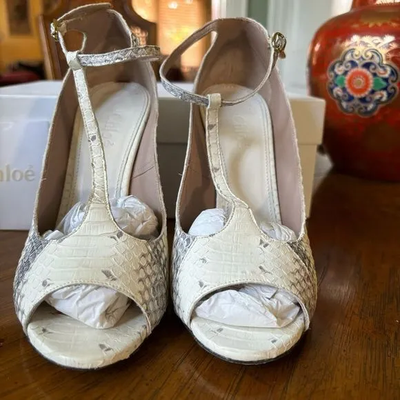 Chloé Ivory Python T-Strap Chunky Heel Shoes, Size 6 – EUC in Original Box