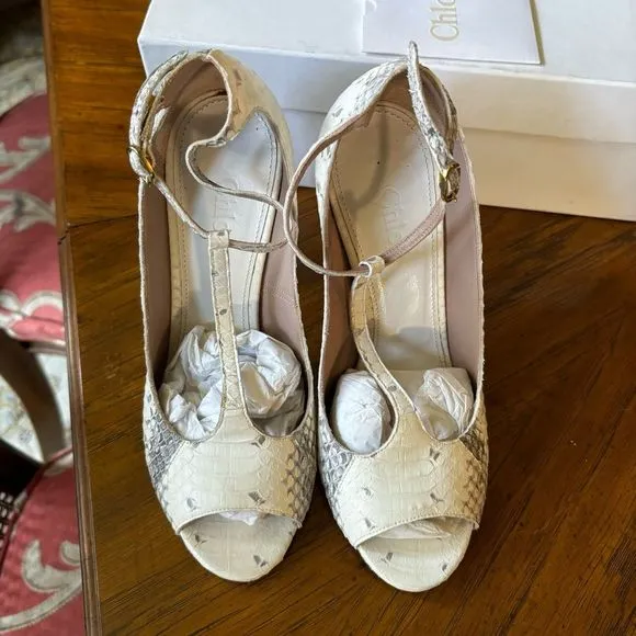 Chloé Ivory Python T-Strap Chunky Heel Shoes, Size 6 – EUC in Original Box
