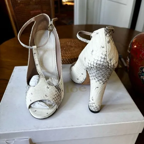 Chloé Ivory Python T-Strap Chunky Heel Shoes, Size 6 – EUC in Original Box